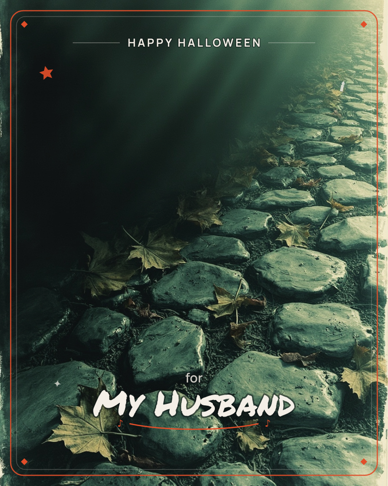 A worn cobblestone path curves off into darkness, its wet stones scattered with fallen maple leaves, a halloween e-card design