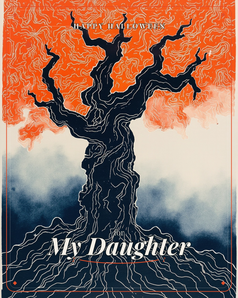 A gnarled tree fills the page, its trunk and branches carved from deep navy and etched with fine rippling white lines like topographic contours, a halloween e-card design