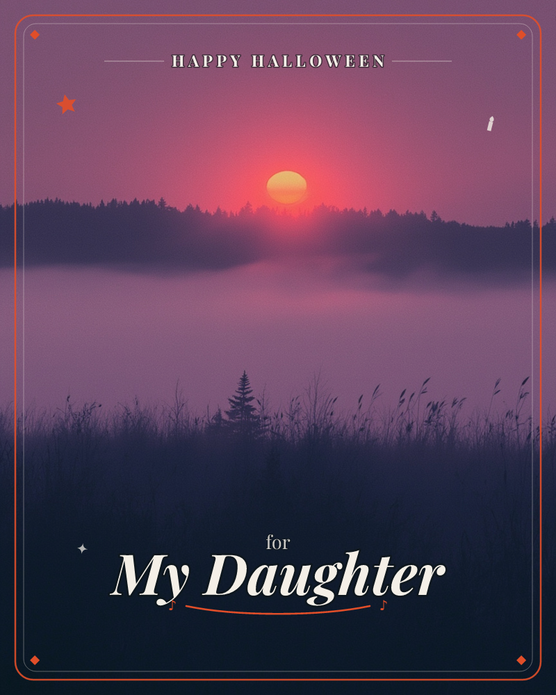 A hazy sun glows deep orange-red as it hovers just above a treeline shrouded in mist, casting the whole scene in dusky purple and violet tones, a halloween e-card design