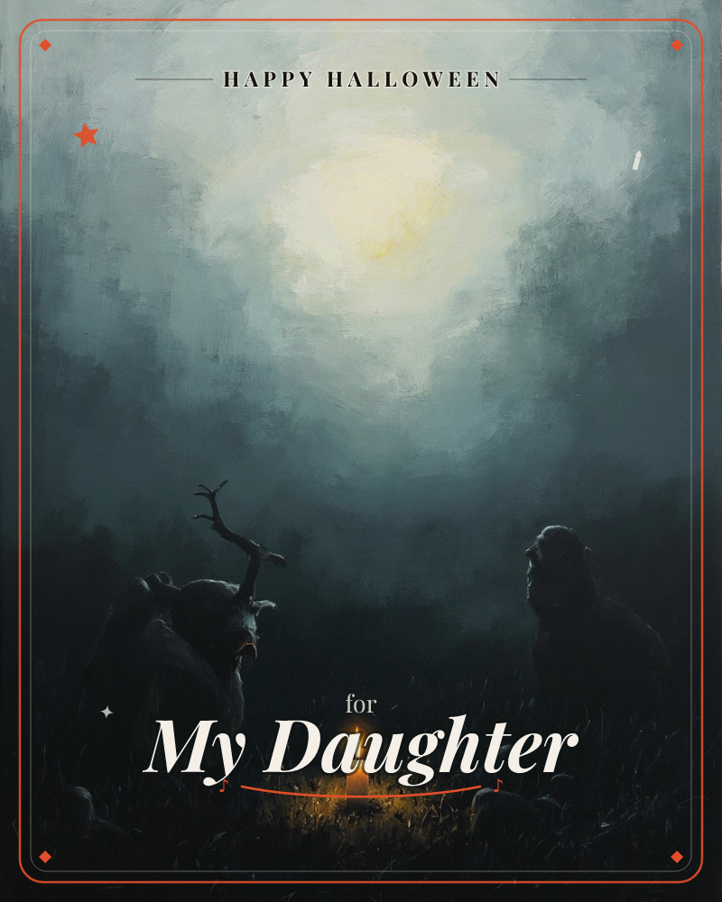 A misty, moonlit clearing at night where two hulking, shadowy creatures crouch on either side of a single lit candle in the grass, a halloween e-card design