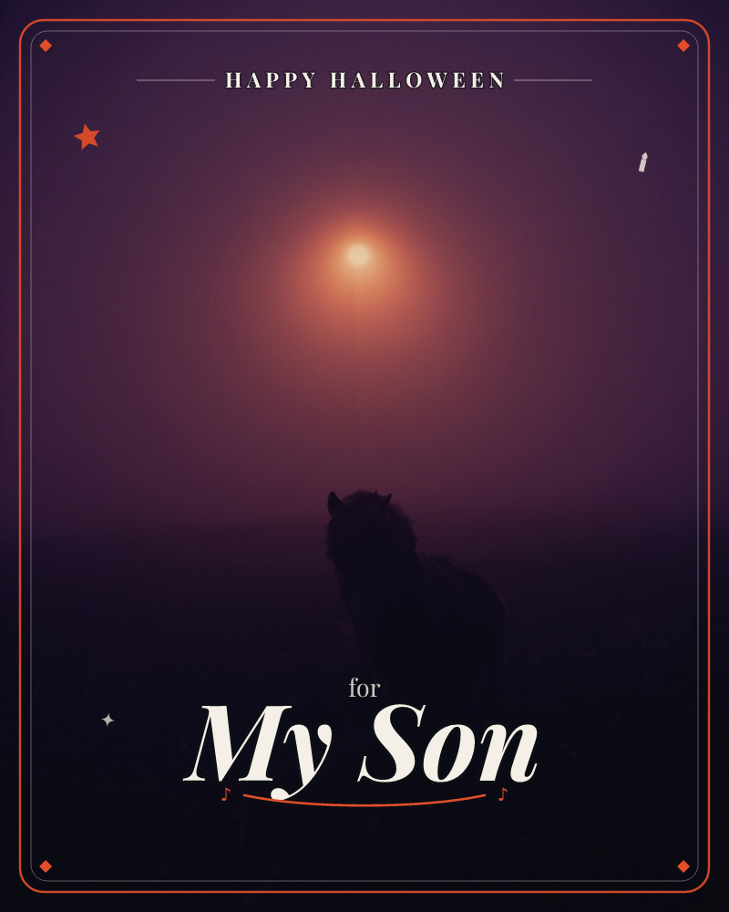 A hazy, purple-toned dusk settles over an open field where a horse stands as a dark silhouette, its ears alert against the fog, a halloween e-card design