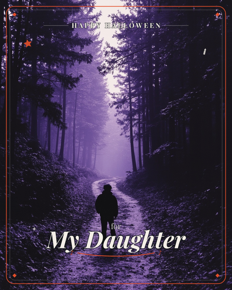 A lone figure walks away down a misty forest path, silhouetted against a pale glow of light breaking through tall pines, a halloween e-card design