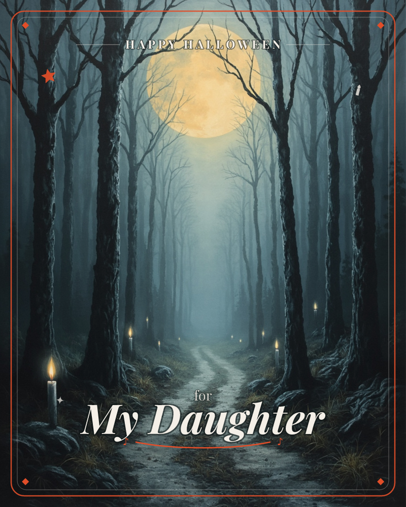 A dirt path winds through a bare, misty forest under a huge glowing full moon caught in the branches overhead, a halloween e-card design