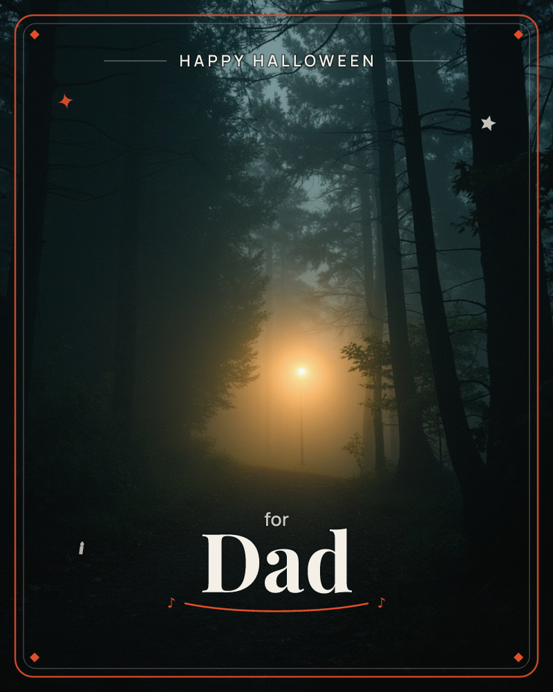 A single lamp glows amber through thick mist at the far end of a dark forest path, its light haloed by fog and framed by tall, silhouetted pine trunks, a halloween e-card design