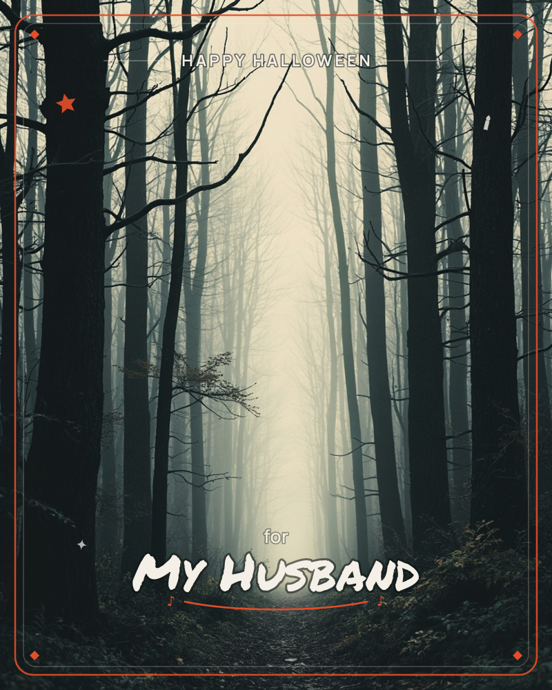 A narrow path cuts straight through a dense, bare-limbed forest, vanishing into thick pale fog at the vanishing point, a halloween e-card design