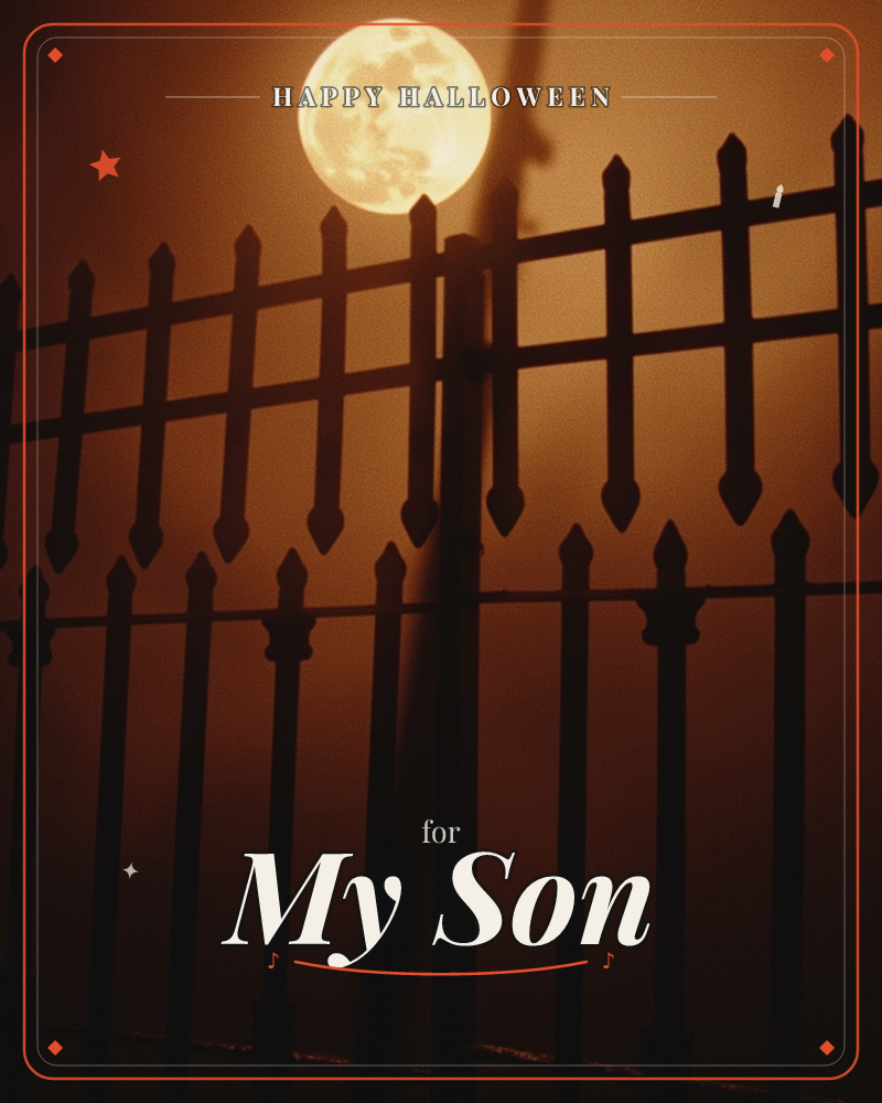 A full moon glows amber-white above a wrought-iron fence with pointed spearhead finials, its glow washing the whole sky and fence in warm orange-brown…, a halloween e-card design