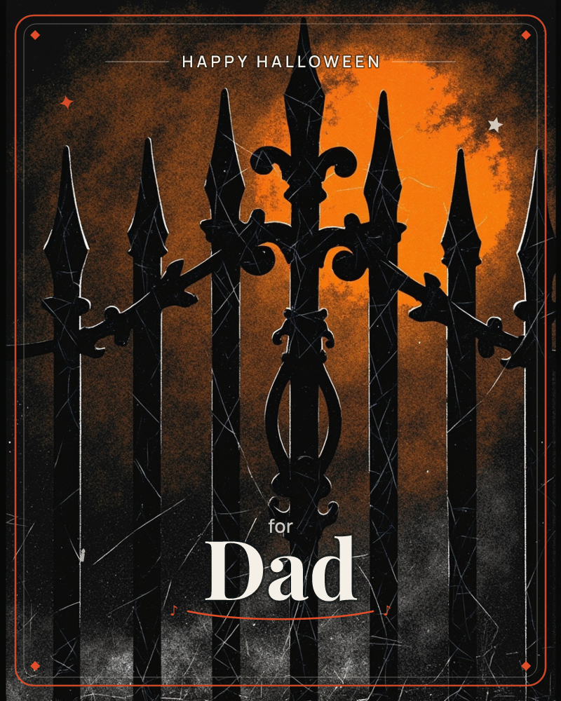 A silhouetted wrought-iron gate with spiked finials and an ornate fleur-de-lis crest stands against a glowing orange moon, its surface streaked with…, a halloween e-card design