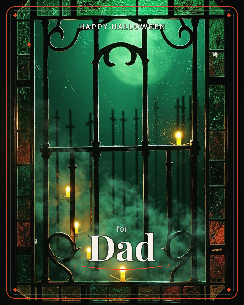 A gothic wrought-iron window frame glows with eerie emerald light, set within a stained-glass border of amber and jade tiles, a halloween e-card design