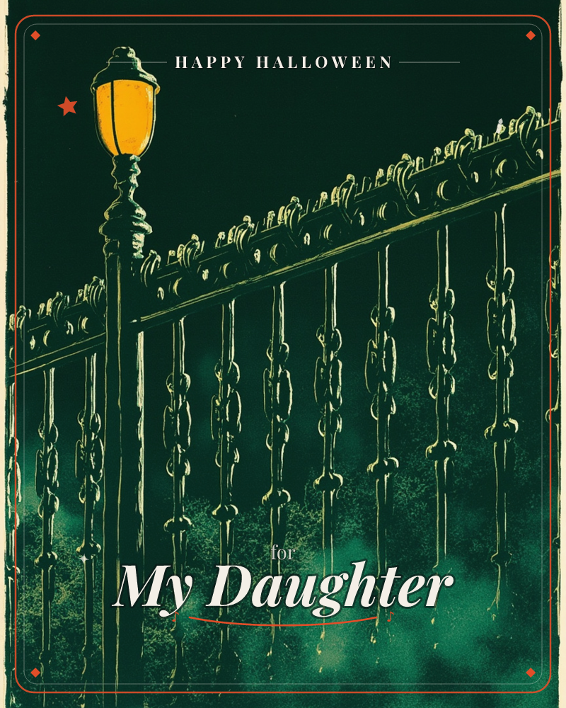A wrought-iron fence with looping scrollwork runs across a deep green night, its posts catching faint light while a single lamppost glows warm amber at…, a halloween e-card design