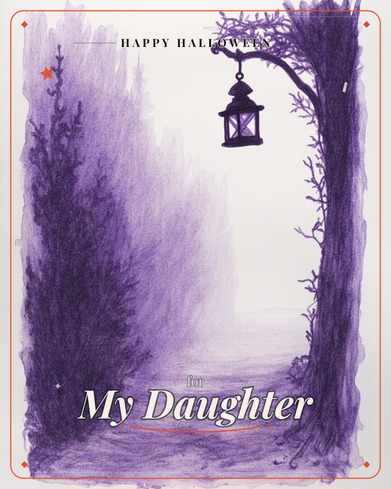 A monochrome purple sketch shows a quiet forest path curving into misty distance, lined with tall shadowy trees and hanging vines, a halloween e-card design