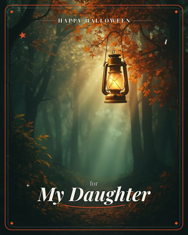A brass lantern hangs from an unseen branch, glowing warmly over a misty forest path lined with autumn leaves, a halloween e-card design