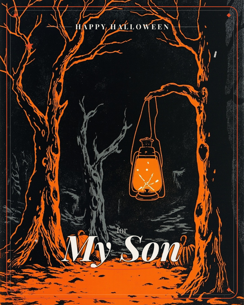 A gnarled orange tree arches over a dark forest path, its bare branch holding a glowing lantern that lights the misty clearing below, a halloween e-card design