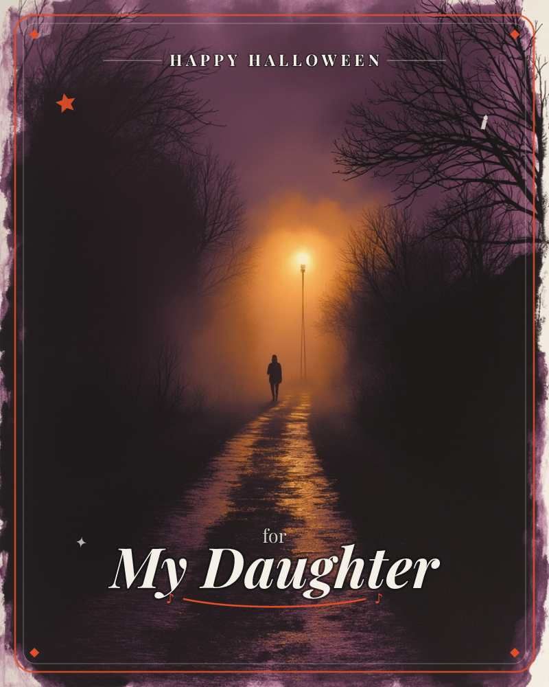 A lone figure walks a misty path toward a glowing streetlamp, bare winter trees arching overhead in silhouette against a deep purple sky, a halloween e-card design