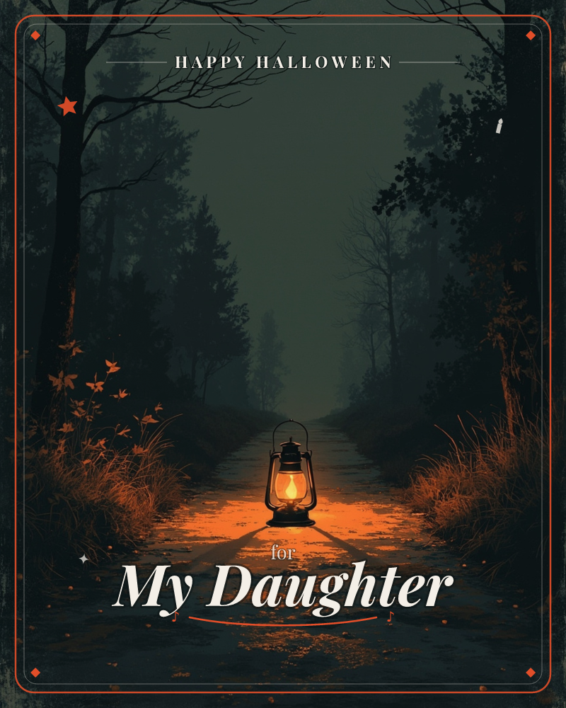 A single lantern glows on a dirt path deep in a darkened forest, its warm orange light spilling across the ground and casting long shadows toward the…, a halloween e-card design