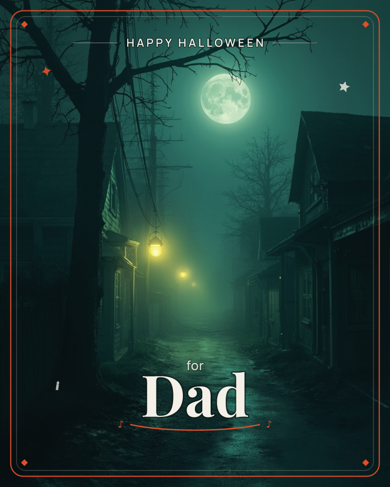 A misty village lane glows under a huge full moon, its bare tree branches reaching across a teal-green sky, a halloween e-card design