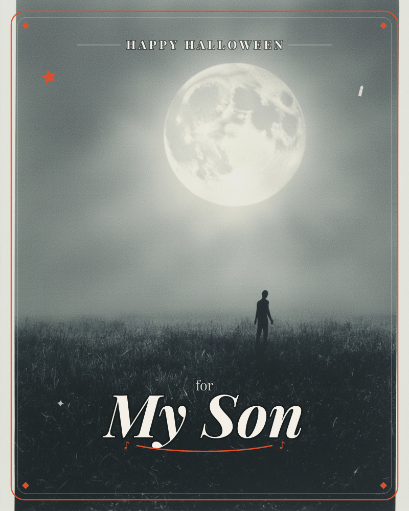 A lone figure stands silhouetted in a windswept field beneath an enormous, glowing full moon that dominates the misty sky, a halloween e-card design