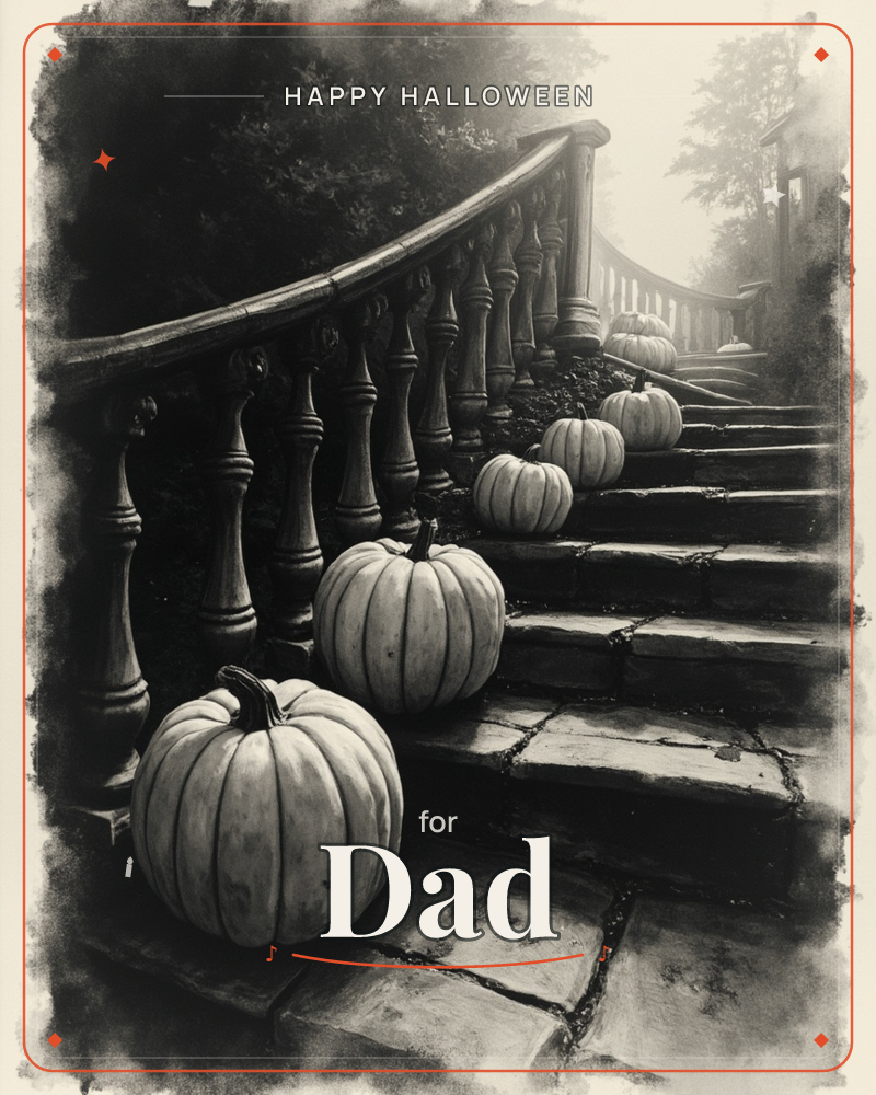 A curving stone staircase climbs through misty gloom, its ornate balustrade lined with pale pumpkins resting on each step, a halloween e-card design