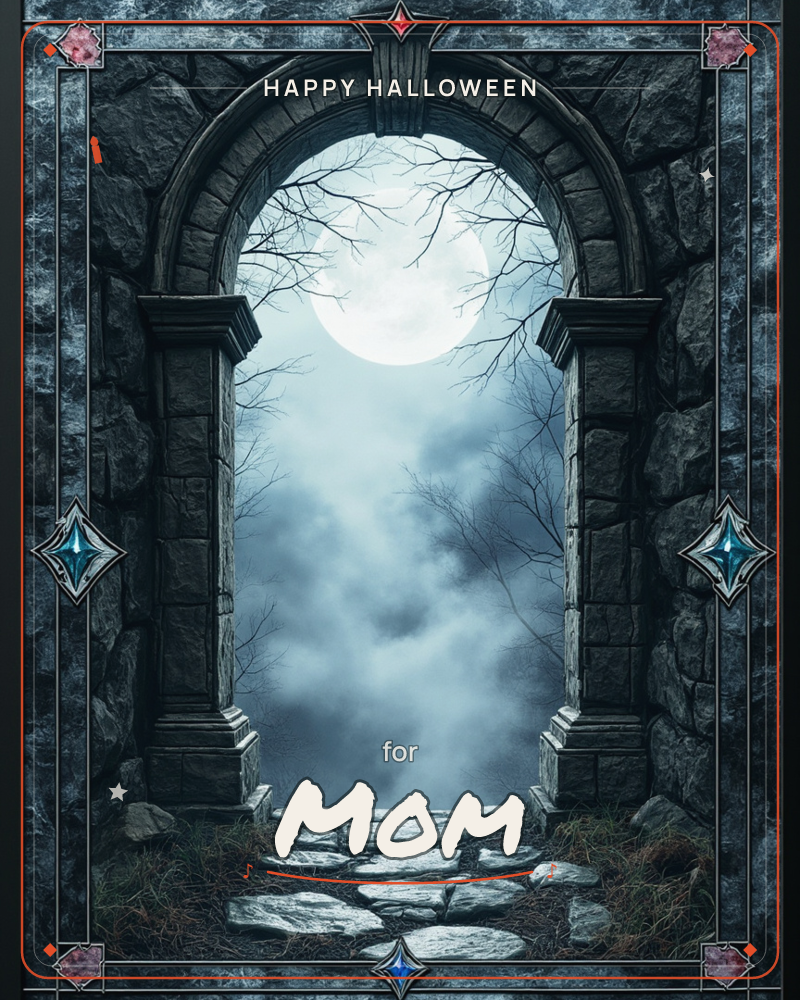 A stone archway frames a huge glowing full moon rising behind bare, twisted branches and drifting mist, a halloween e-card design