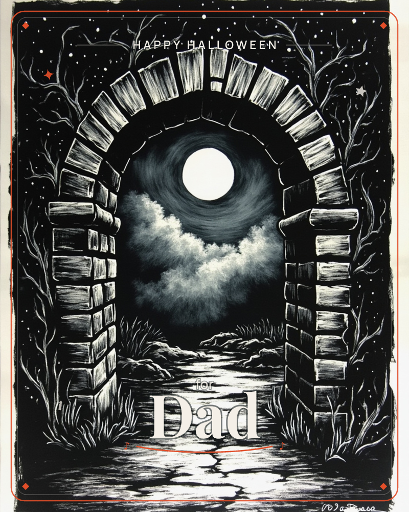 A stone archway frames a glowing full moon and swirling clouds beneath a star-scattered night sky, with bare branches reaching up on either side, a halloween e-card design