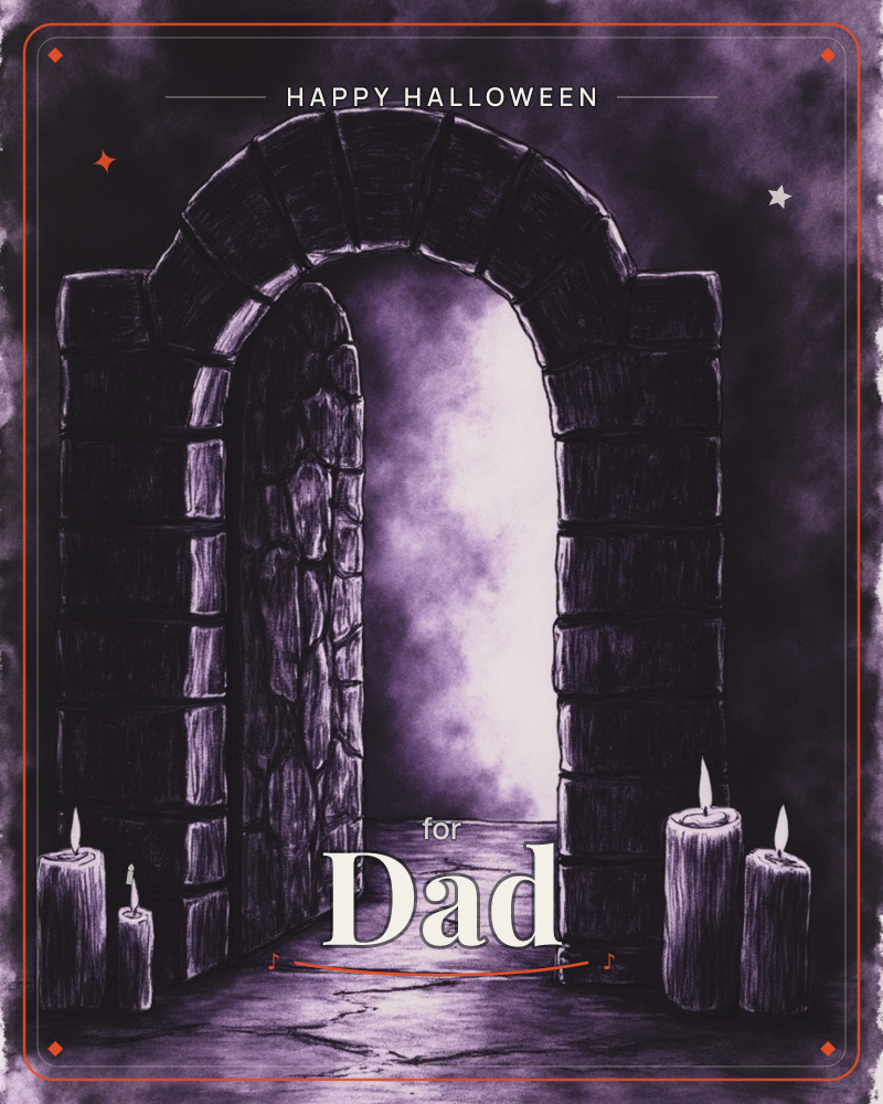 A stone archway opens onto a swirling, luminous mist, its worn threshold lit by two pairs of flickering candles set on the cracked ground, a halloween e-card design