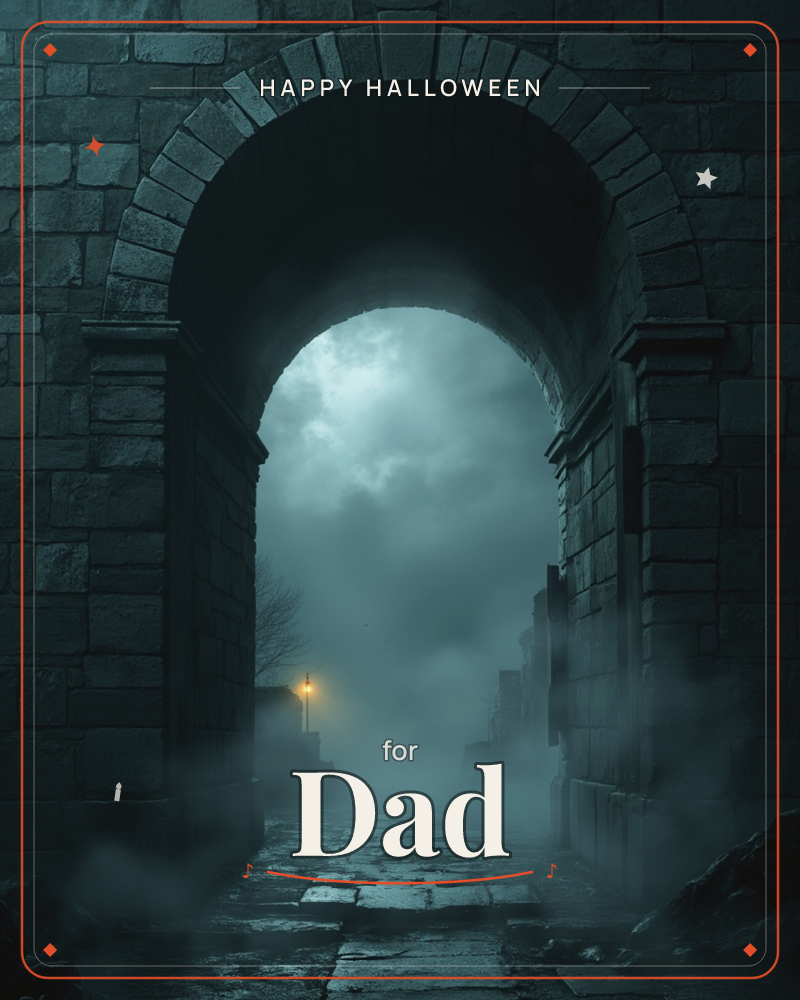 A towering stone archway opens onto a fog-drowned cobblestone lane, mist curling low around the wet paving stones, a halloween e-card design