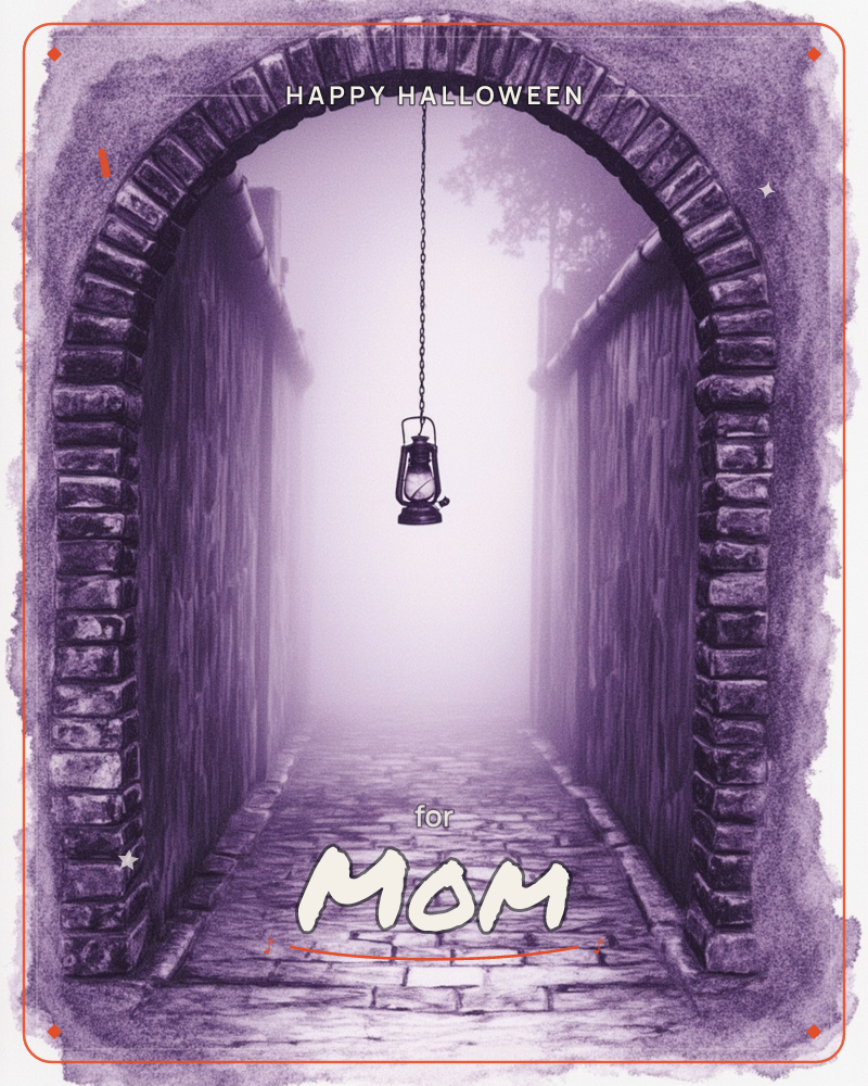 A stone archway frames a cobbled passage vanishing into thick mist, with a single lantern hanging from a chain at its centre, a halloween e-card design