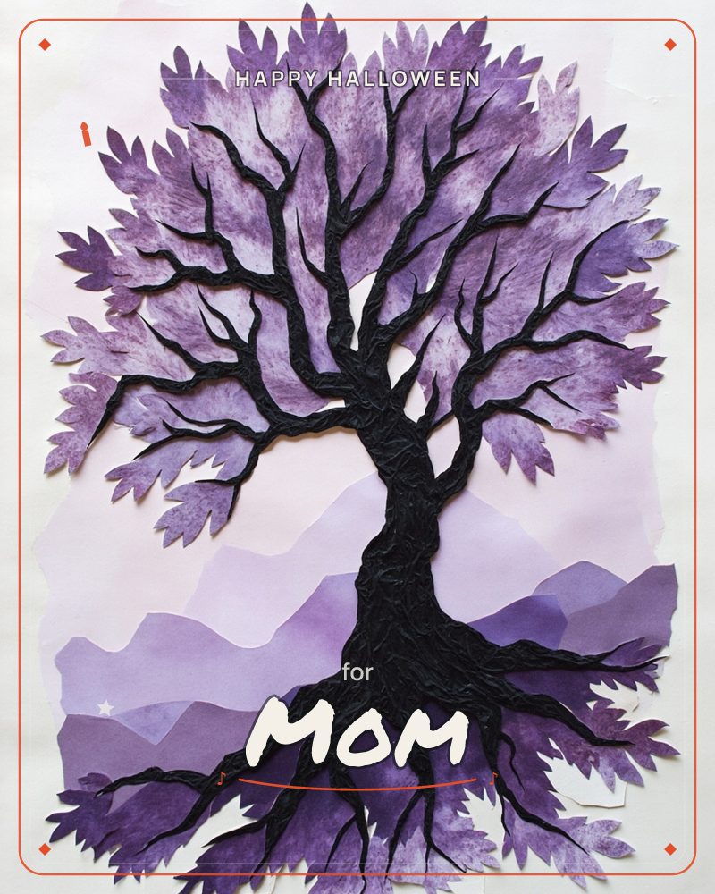 A gnarled tree with a dark textured trunk spreads wide branches of lavender and violet leaves against a backdrop of layered purple mountains, a halloween e-card design