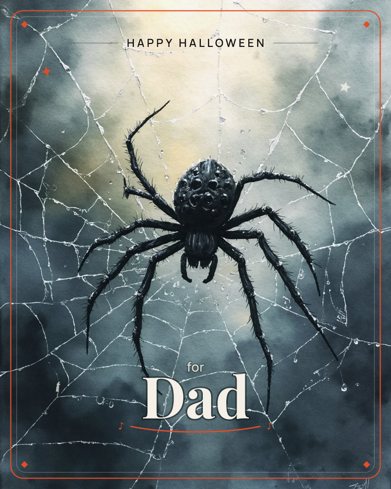 A large dark spider sits at the center of a dew-speckled web, its bristled legs stretched across the silken threads, a halloween e-card design