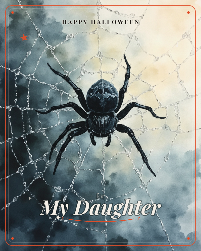 A large black spider sits at the centre of an intricate web, its legs spread wide across the delicate silver threads, a halloween e-card design