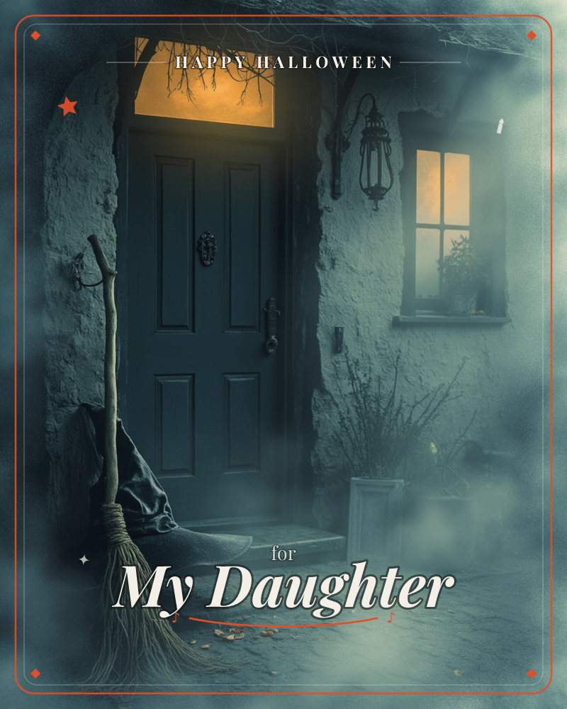 A stone cottage doorway glows amber through the fanlight and window while mist rolls thick across the step outside, a halloween e-card design