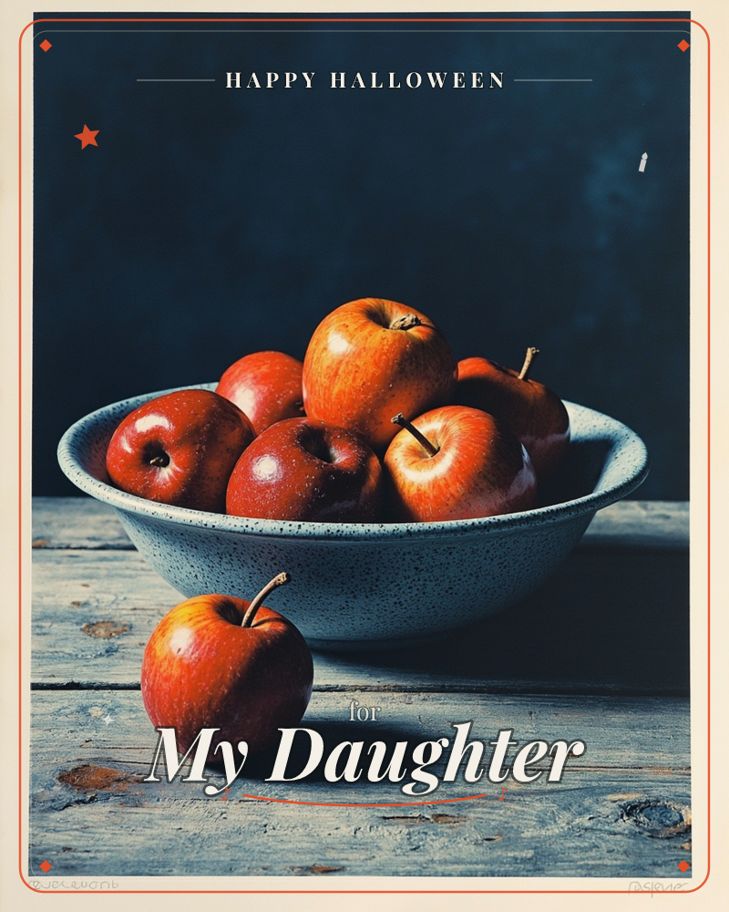 A speckled blue-grey bowl piled with glossy red apples sits on a weathered wooden table, one apple set apart on the boards in front, a halloween e-card design