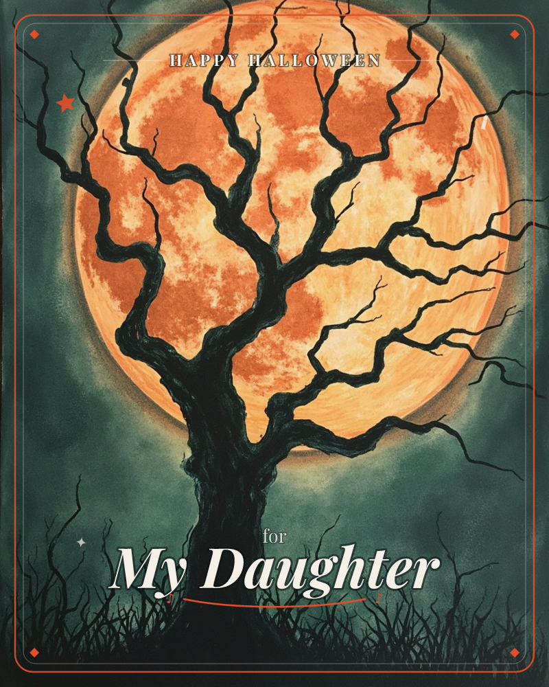 A bare, gnarled tree stands silhouetted against an enormous glowing orange moon, its twisting branches spreading like veins across the mottled surface, a halloween e-card design