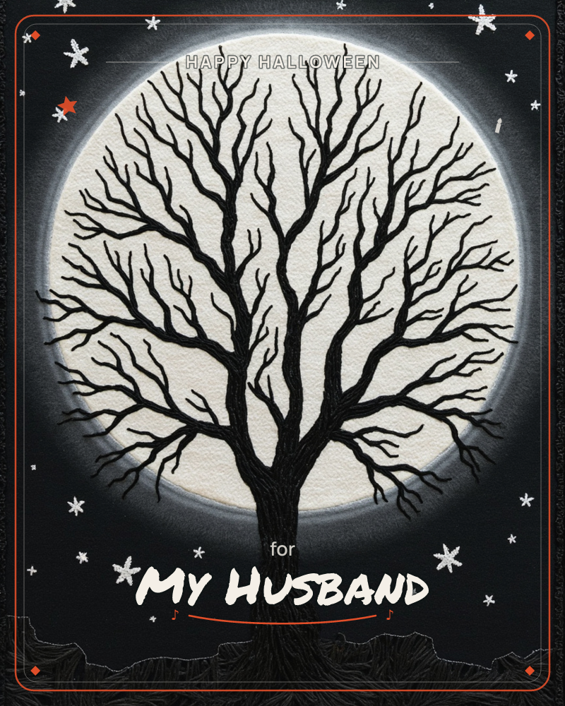 A bare, black silhouette tree spreads its tangled branches across a huge glowing full moon, set against a deep night sky scattered with small pale stars, a halloween e-card design