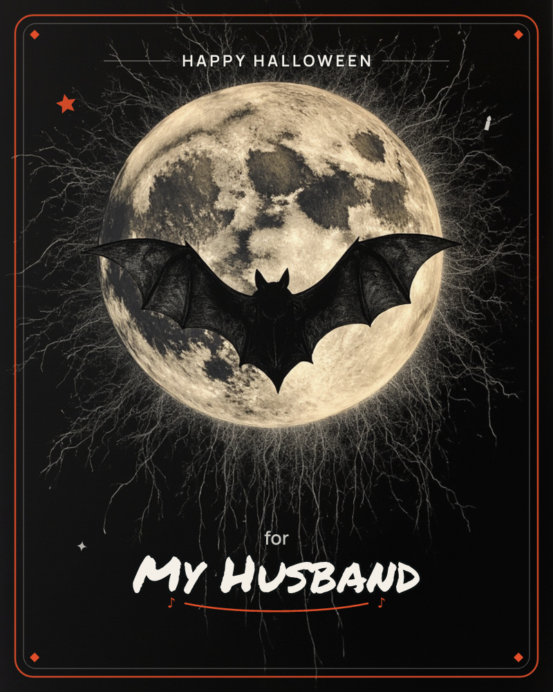 A full moon glows against a pitch-black sky, its cratered surface fringed by wispy bare branches like a corona of veins, a halloween e-card design