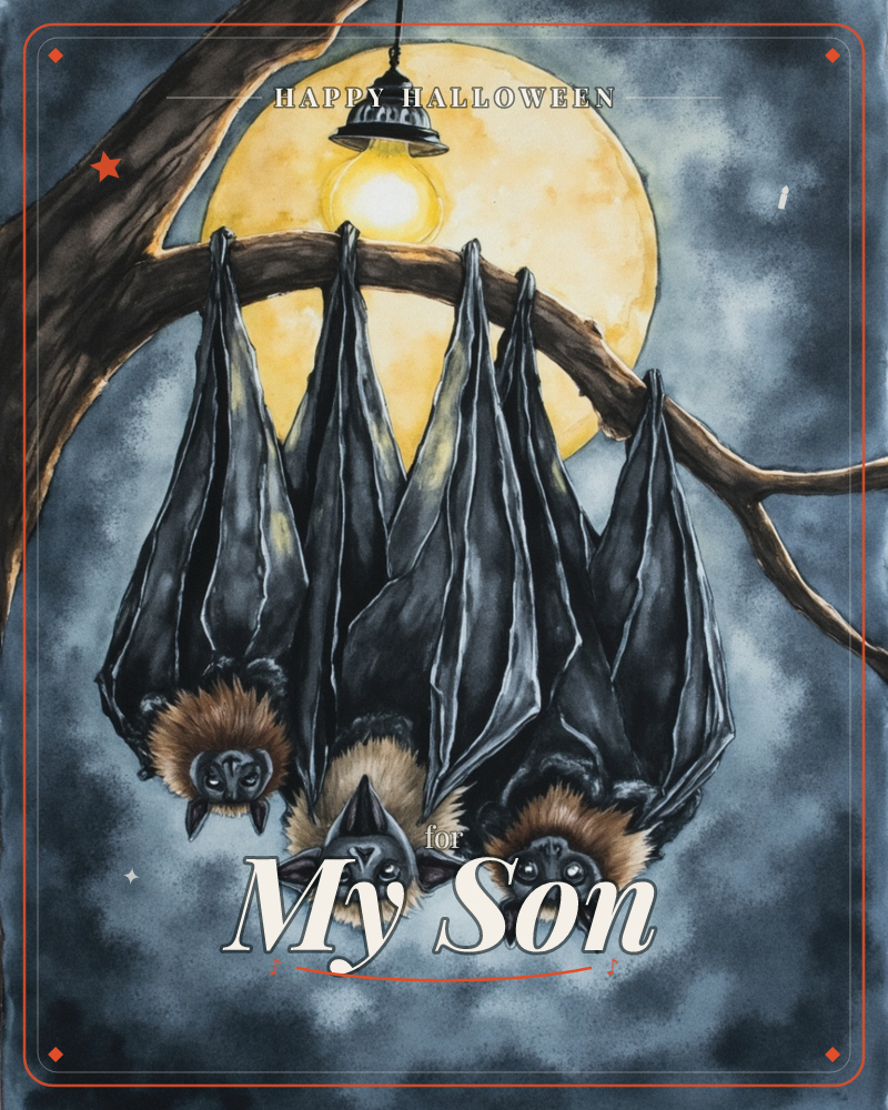 Three fruit bats hang wing-wrapped from a gnarled branch, their furred faces peeking out against a huge glowing full moon, a halloween e-card design