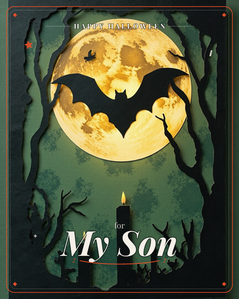 A layered paper-cut illustration shows a glowing full moon rising behind silhouetted bare branches, with a black bat spread wide across its center and…, a halloween e-card design