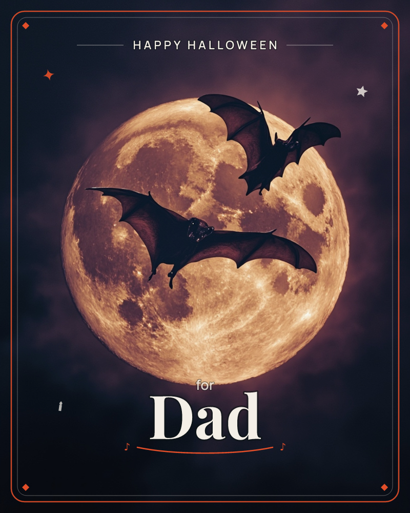 A full moon glows amber against a smoky, dark sky, its cratered surface lit like an ember, a halloween e-card design