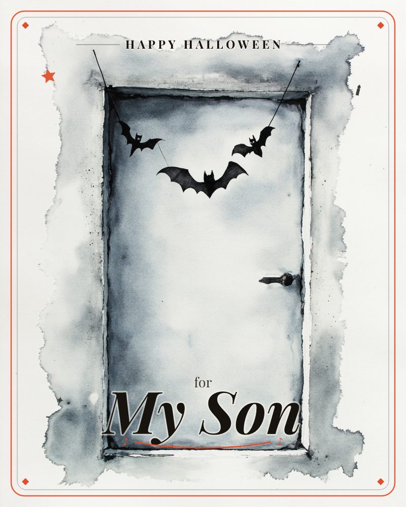 A weathered wooden door stands closed, painted in smoky grey watercolour washes with a rough vignette darkening the edges, a halloween e-card design
