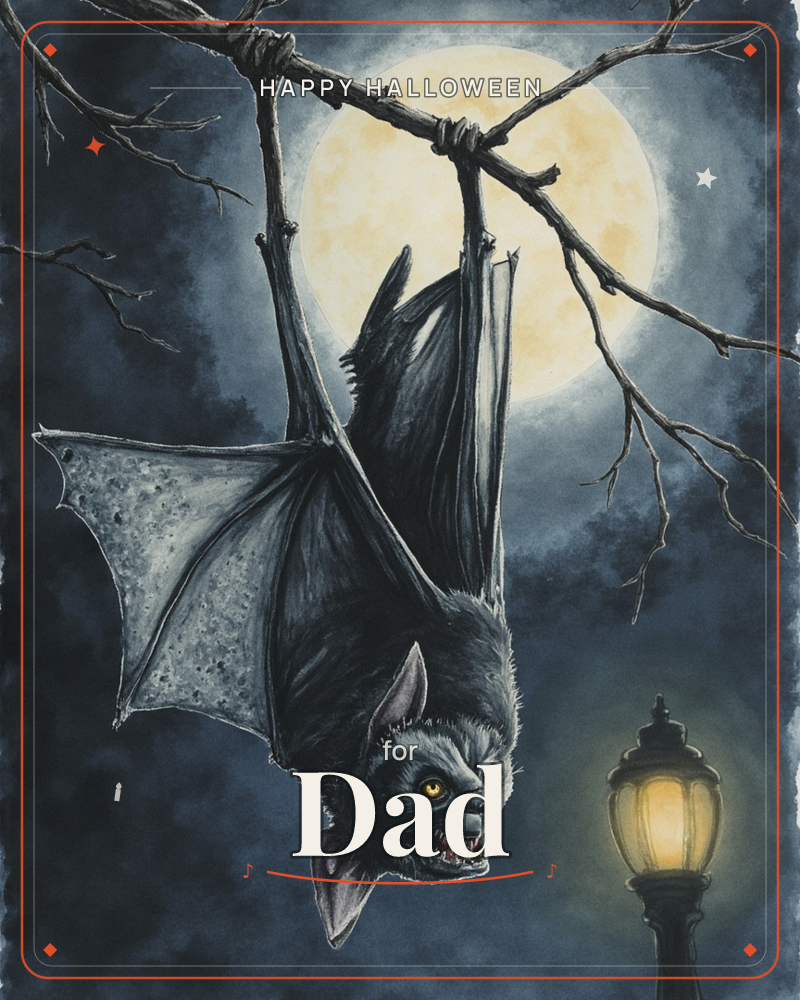 A bat hangs upside down from a bare, twisting branch, wings half-folded and fangs bared, its yellow eyes glowing against a huge pale moon, a halloween e-card design
