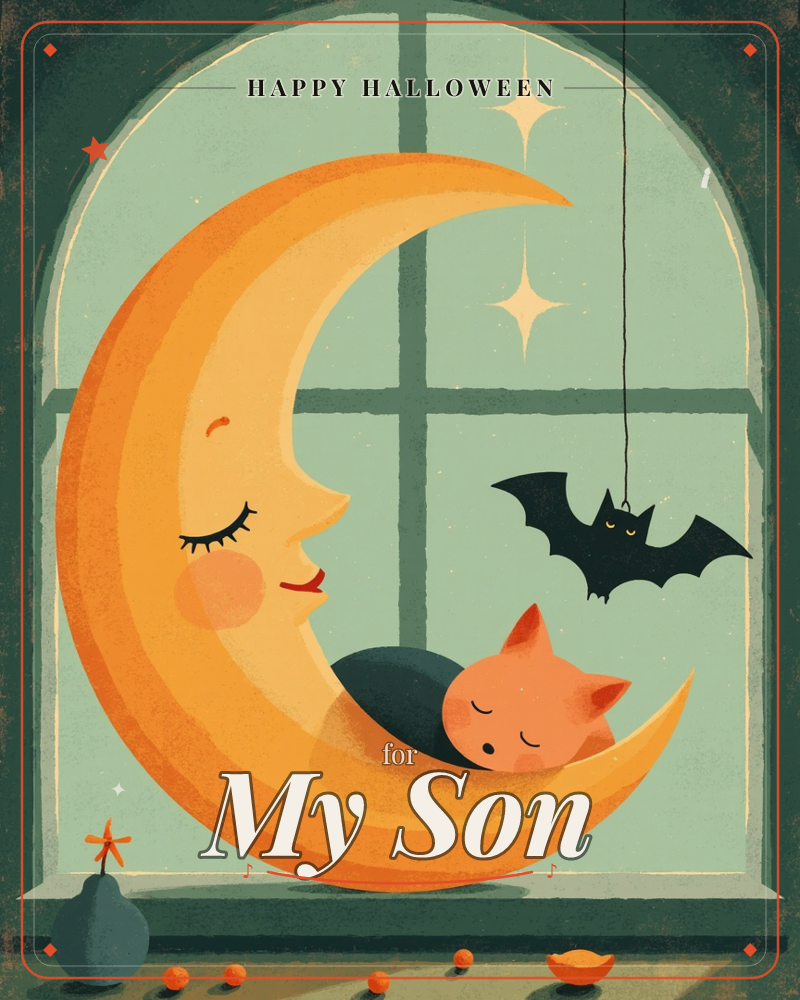A golden crescent moon with a sleepy, blushing face cradles a small orange cat curled up in its curve, both dozing in front of an arched window, a halloween e-card design