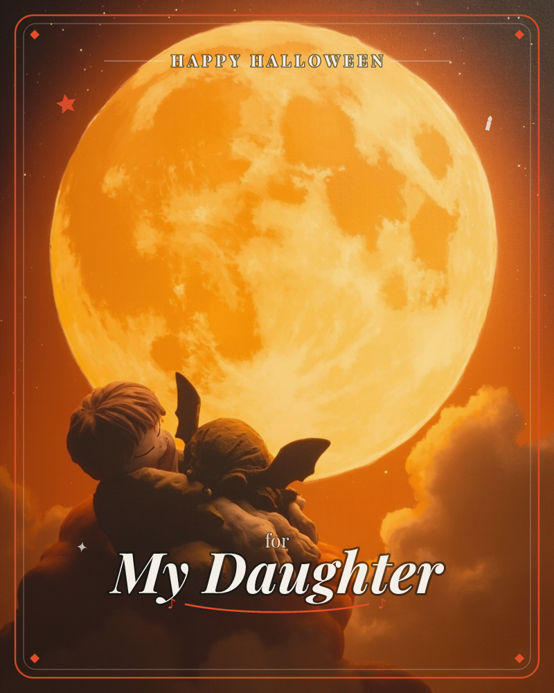 A child sits perched high on a cloud, cradling a small winged creature close in a gentle embrace, both silhouetted against an enormous glowing golden moon, a halloween e-card design