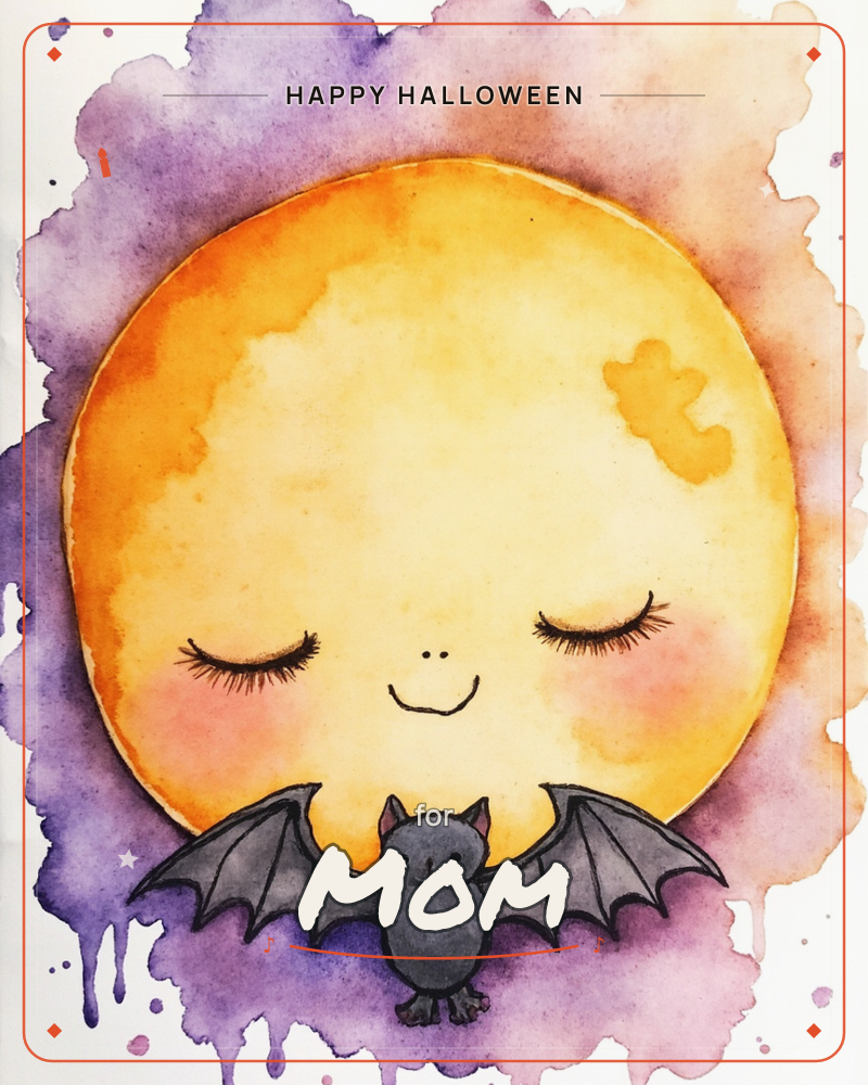 A big golden moon with a sleepy, smiling face glows against a bleeding wash of purple and lavender watercolour, a halloween e-card design