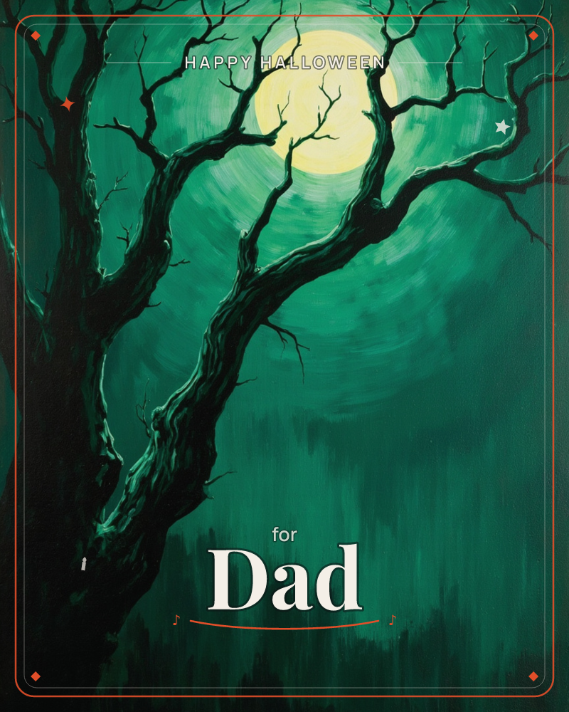 A gnarled, leafless tree twists across the canvas in near-black silhouette, its branches reaching toward a pale glowing moon, a halloween e-card design