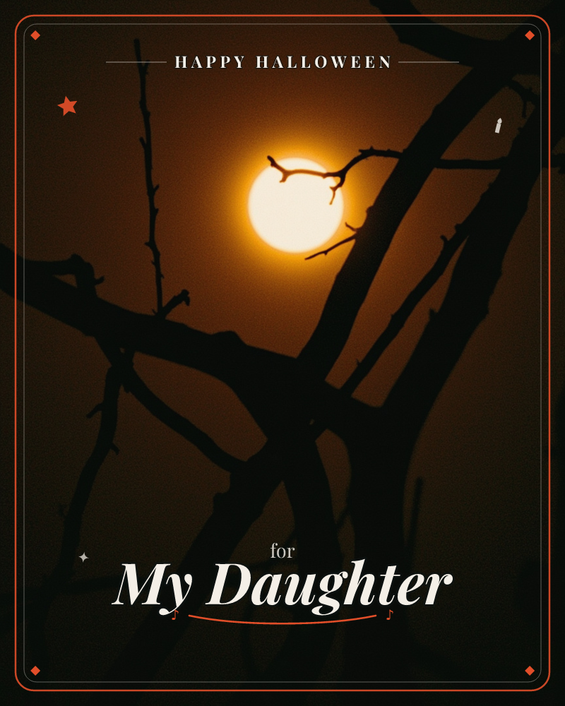 A glowing amber moon hangs low in a smoky orange sky, framed by the bare, twisting branches of a tree silhouetted in near-black, a halloween e-card design