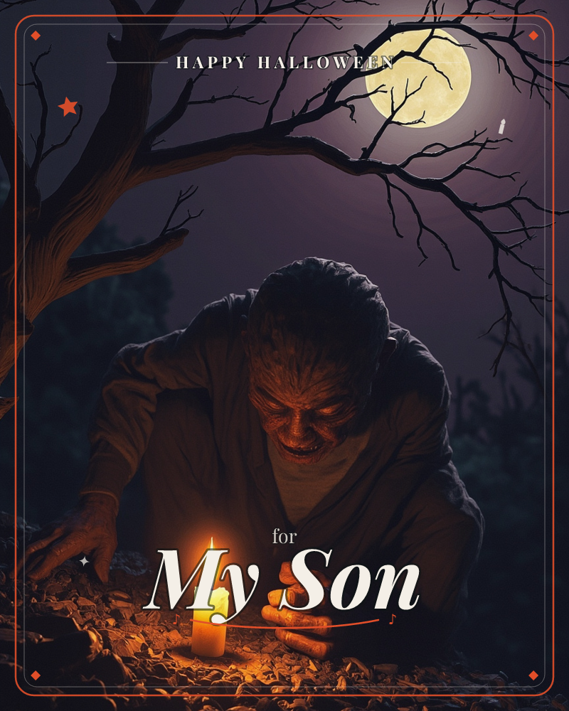 A hunched, ghoulish figure with weathered, mottled skin crouches over a single lit candle on a bed of dry leaves, beneath the skeletal reach of a bare…, a halloween e-card design