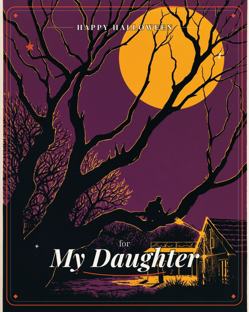 A huge black tree spreads bare branches across a deep purple night sky, framing a giant amber-gold moon, a halloween e-card design