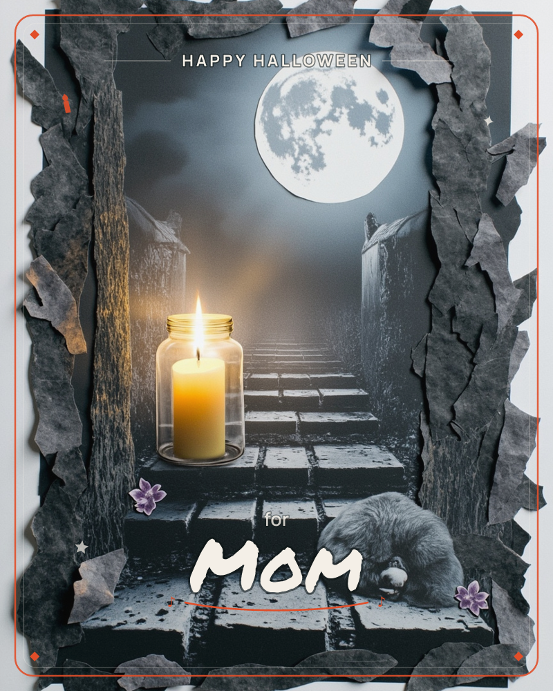 A collaged card shows a cobblestone path lit by a full moon, with a lit candle in a glass jar beside a curled, sleeping cat and two small purple flowers, a halloween e-card design