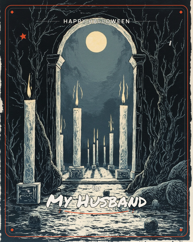 A stone archway frames a full moon rising over a candlelit path, with tall pillar candles lining the way toward smaller flickering ones in the distance, a halloween e-card design