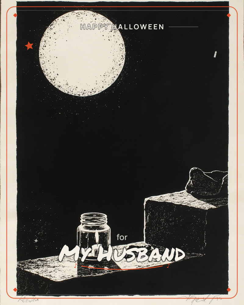 A stark black-and-white print shows a speckled full moon glowing above a dark ledge, where a small candle flickers inside a glass jar, a halloween e-card design