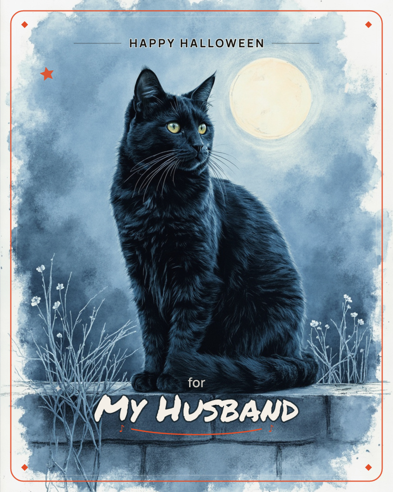 A black cat sits upright on a stone wall beneath a full moon, its green-gold eyes catching the pale light, a halloween e-card design